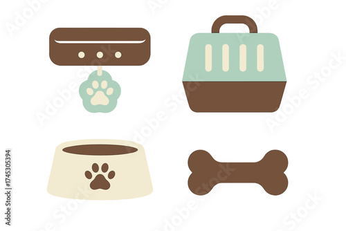 Set of essential dog care items including collar, carrier, food bowl, and bone toy in flat style