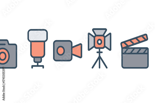 Colorful icons set representing professional photography and video production equipment