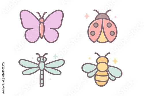 Cute pastel colored insects and bugs collection set on white background