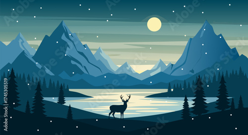 Magical Winter Night Landscape Vector Illustration A Serene Deer by a Moonlit Lake Amidst Towering Snow-Capped Mountains and Gentle Falling Snow