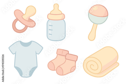 Collection of essential baby items including pacifier, feeding bottle, rattle toy, onesie, socks, and blanket