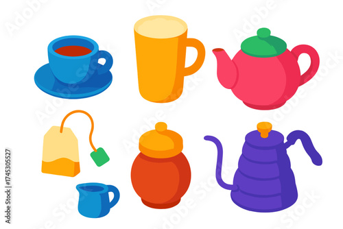 Brightly colored collection of tea and coffee accessories and kitchenware