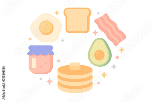 Circular arrangement of breakfast elements including fried egg toast bacon and pancakes