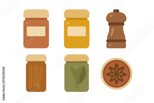 Flat design set of cooking spices, herbs, and condiments in jars with a pepper mill