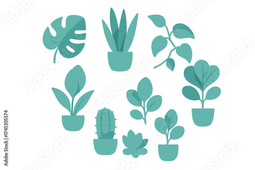 Collection of potted houseplants and desert succulents in flat design style