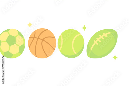 Collection of athletic game balls lined up horizontally featuring bright green and orange colors