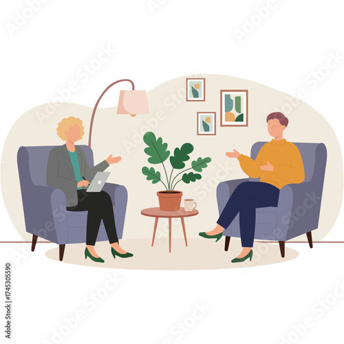 Two people sitting and talking during counseling session illustration