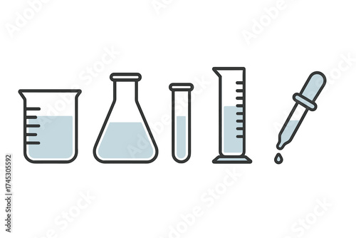 Set of chemistry laboratory glassware and tools for scientific research and experiments
