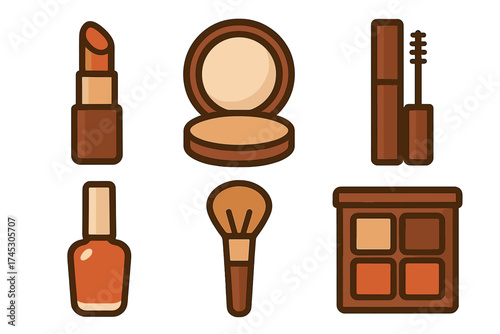 Essential beauty and cosmetic products collection featuring lipstick, powder, mascara, and eyeshadow palette