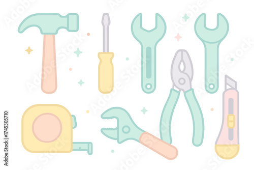 Collection of pastel colored hand tools for construction and home repair projects