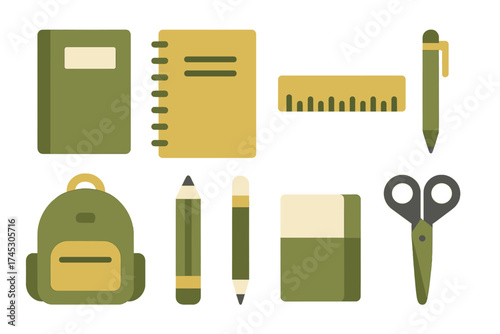 Essential school and office supplies collection including notebooks pencils and backpack