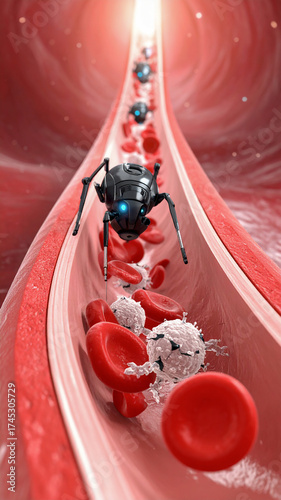 A conceptual 3D visualization showing advanced medical nanobots flowing with red blood cells inside an artery to deliver targeted treatment, symbolizing the future of nanotechnology in medicine