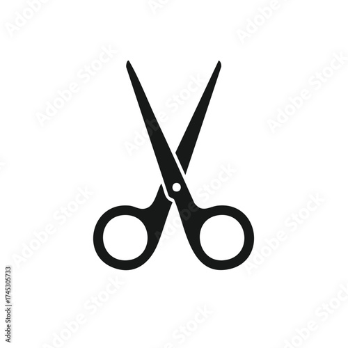 Simple graphic illustration of open scissors in black on white background