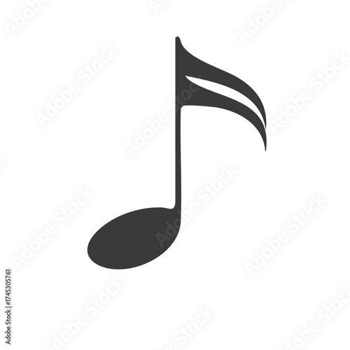 Black eighth note with a flag graphic symbol isolated on a white background