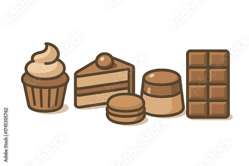 Assortment of chocolate desserts including cake, cupcake, macaron, and pudding