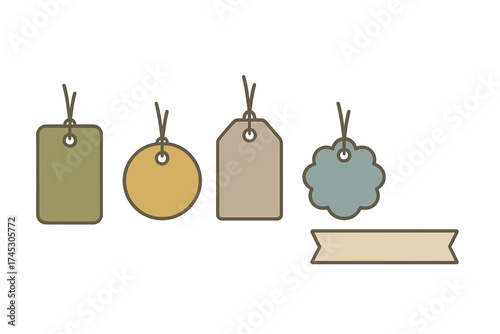 Blank hanging price tags and ribbon banner shapes in muted pastel colors