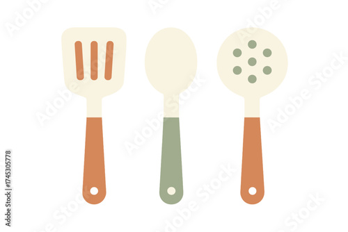 Minimalist set of cooking utensils featuring a spatula, serving spoon, and skimmer