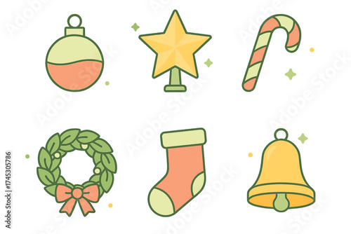 A festive set of traditional Christmas holiday symbols and decorations icons