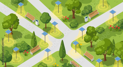 Isometric Green City Park With Solar Powered Lights And Benches