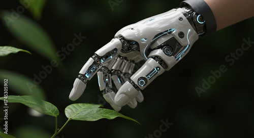 High-Tech Bionic Prosthetic Hand Gently Touching a Natural Leaf.