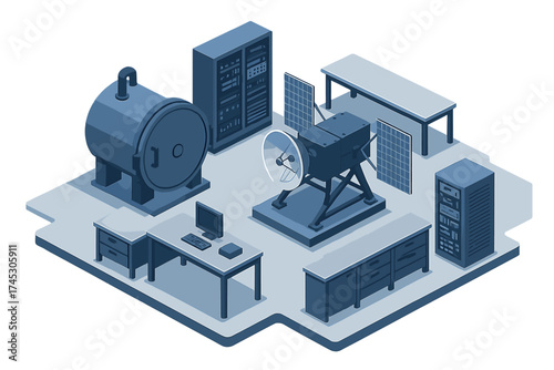 Advanced engineering research facility with specialized satellite testing machinery and server racks