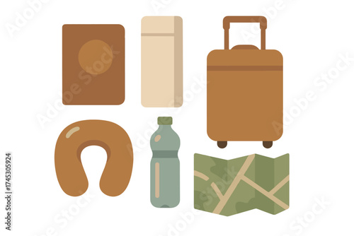 Essential travel accessories and luggage set including passport, neck pillow, map, and water bottle