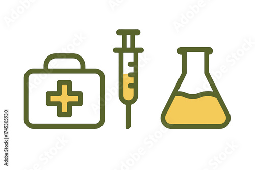 Medical and laboratory equipment symbols: first aid box, syringe, and conical flask