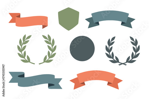 Collection of decorative ribbons, classic laurel wreaths, and geometric shapes for design
