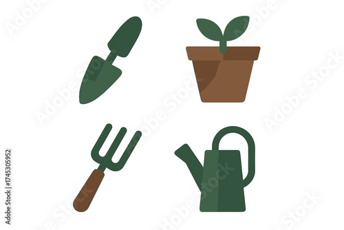 Essential gardening tools set including a trowel, hand fork, watering can, and potted seedling
