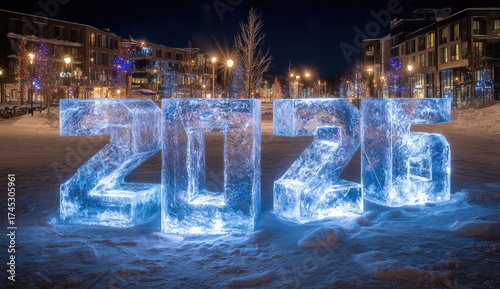 Ice Sculpture of 2026 Numbers with Winter Lights at Night