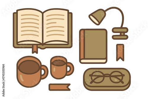 Cozy reading and study essentials collection with books, coffee, lamp, and glasses