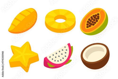 Isometric set of exotic tropical fruits including mango, pineapple, papaya, star fruit, dragon fruit, and coconut