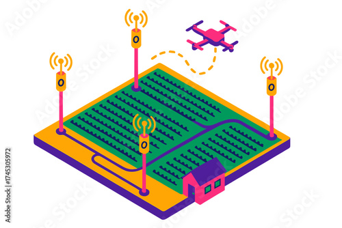 Precision agriculture concept showing drone surveillance and wireless network connectivity over crops