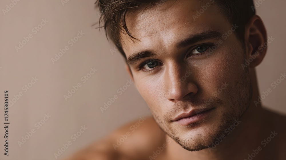 Fototapeta premium Close up portrait of a handsome young man with soft lighting and a neutral background