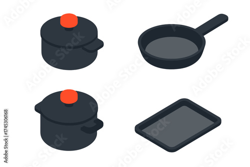 Isometric set of essential kitchen cookware including cooking pots, frying pan, and baking tray