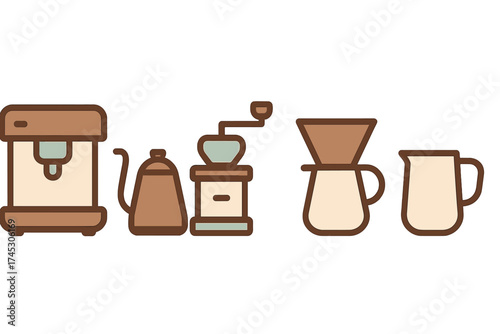 Stylized coffee brewing equipment icons featuring grinder, kettle, and pour over apparatus