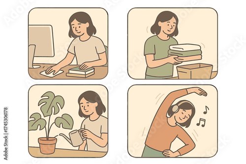Four panel set showing woman balancing productive and relaxing daily activities