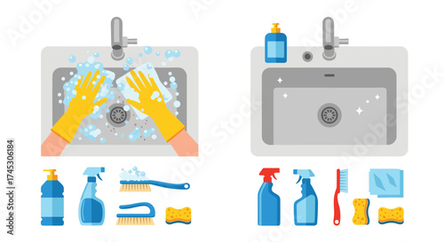 Two views of a kitchen sink before and after cleaning with cleaning supplies shown below.