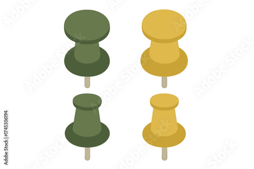 Isometric collection of green and yellow pushpins for organization and office management