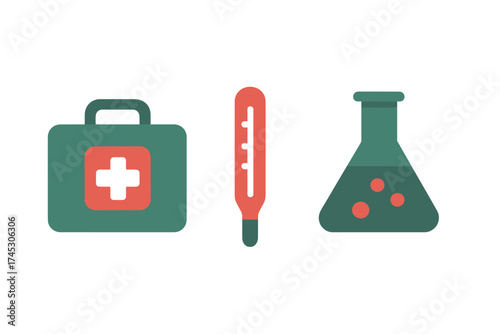 Essential medical and scientific tools first aid kit thermometer laboratory flask