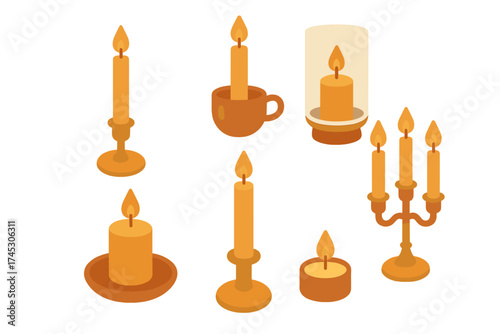 Various lit wax candles burning brightly in decorative holders and candelabras