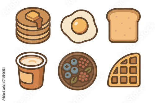 Delicious morning breakfast food with pancakes, fried egg, toast, and berries