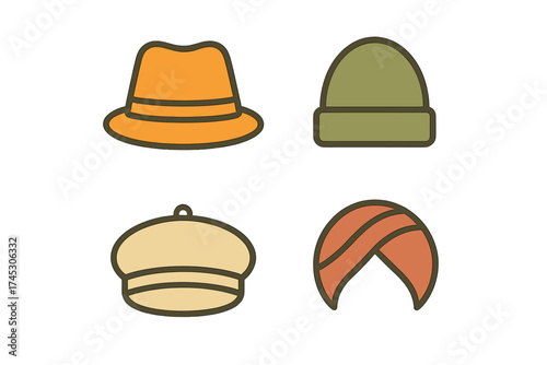 Four diverse headwear icons featuring a fedora, beanie, cap, and turban