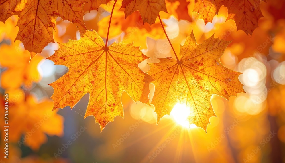 Obraz premium Maple Leaves Glowing in Autumn Sunlight Close Up Detailed Shot Orange Hues Bokeh Background Fall Season Vibrant Colors Warm Lighting Nature Outdoors