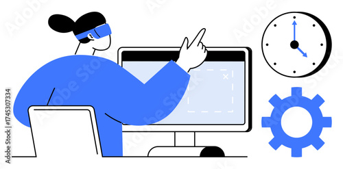 Person with virtual reality headset gesturing at monitor, blue clock and gear around. Ideal for VR experience, innovation, productivity, workflow, digital future, tech design, simple flat metaphor