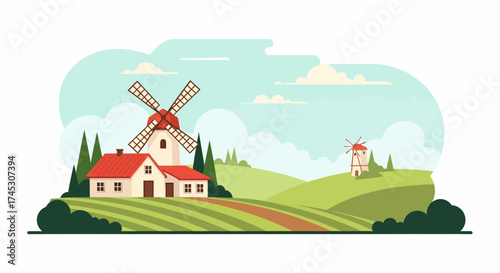 Picturesque Countryside Scene With Windmills And Rolling Hills
