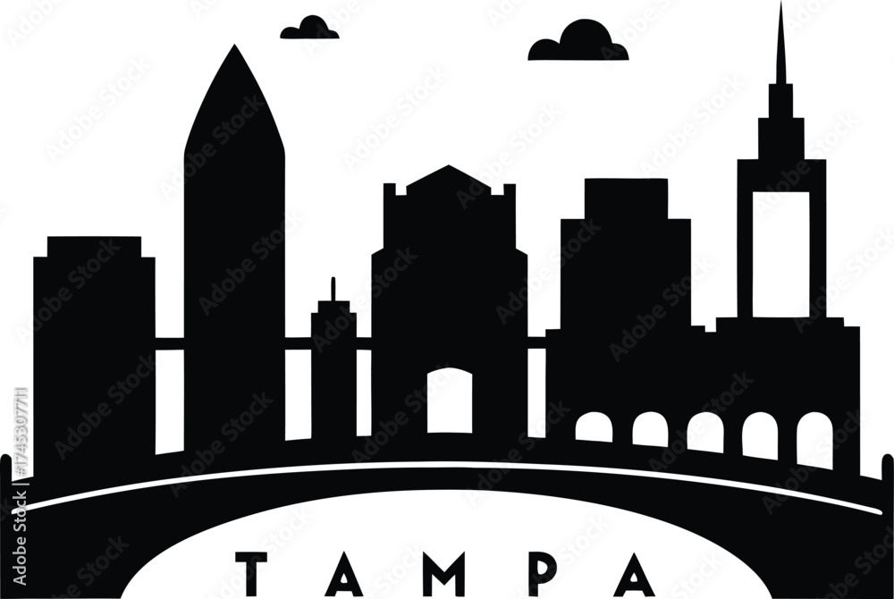 Fototapeta premium Tampa City Skyline Vector Illustration Design, Tampa Florida Skyline Black and White, Tampa Skyline Simple Vector Art.