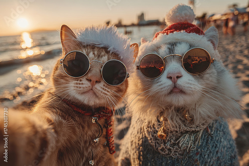 Fototapeta Naklejka Na Ścianę i Meble -  Two hipster cats wearing sunglasses and red Christmas hats take a selfie on the beach on Christmas Day.