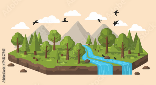 Scenic Nature Landscape With River Flowing Through Forest Flat Design