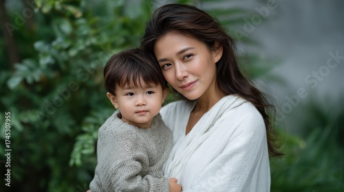 Beautiful Asian woman dressed in white holding adorable brown haired boy dressed in light gray sweater, looking at camera, with outdoor background, close-up, natural skin texture, and warm emotions.
